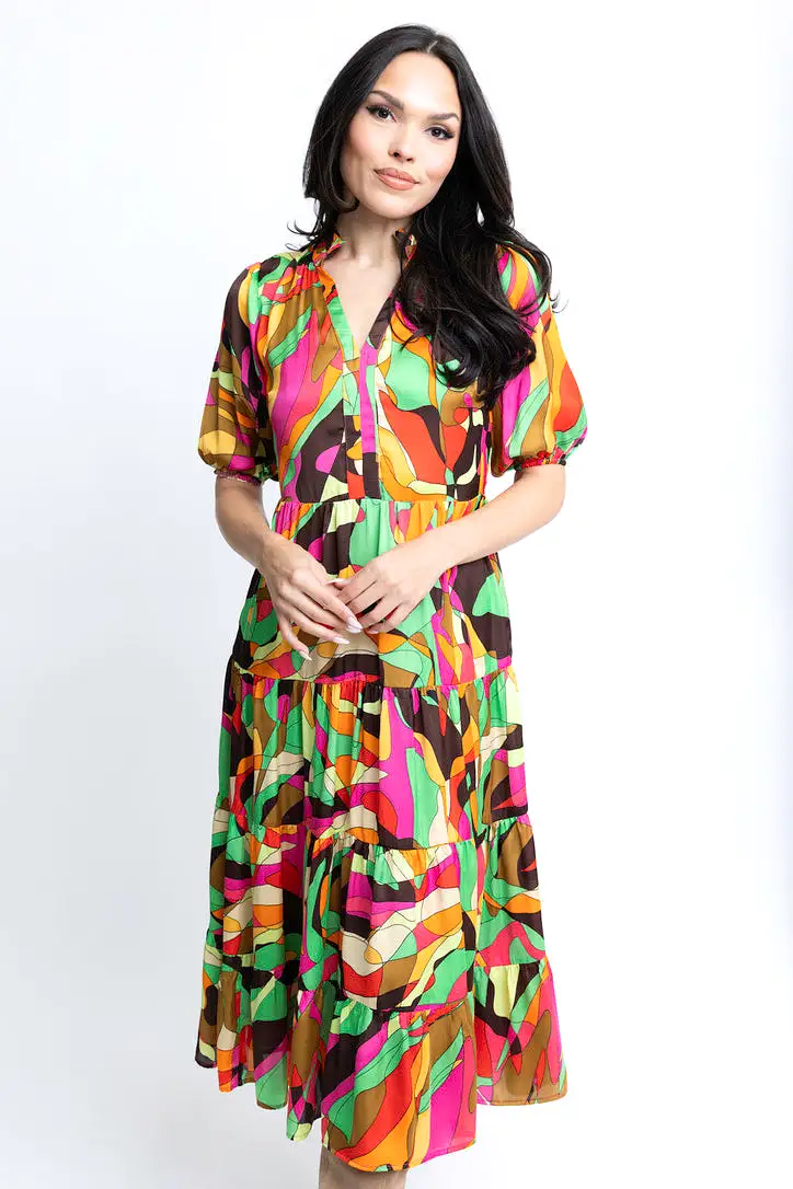 Abstract Satin Tier Maxi Dress