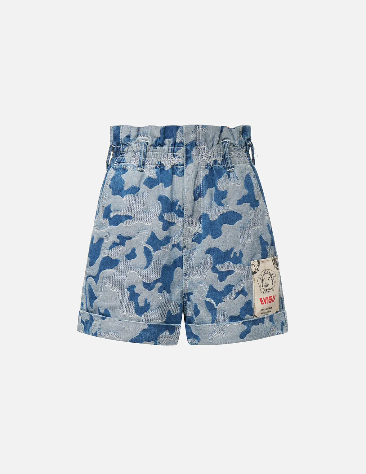 Allover Camouflage Jacquard Paperbag Denim Shorts