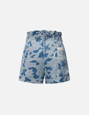 Allover Camouflage Jacquard Paperbag Denim Shorts