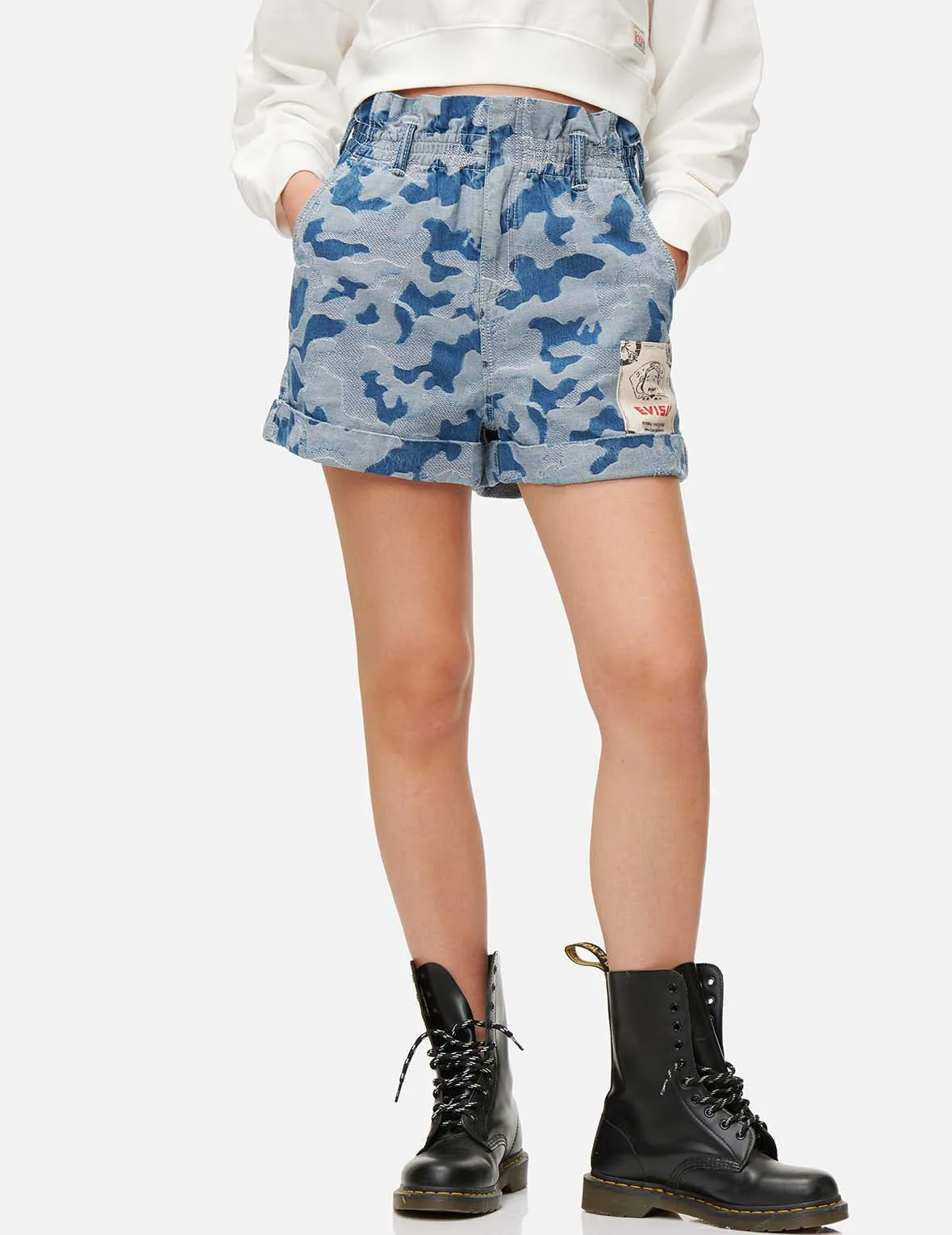 Allover Camouflage Jacquard Paperbag Denim Shorts