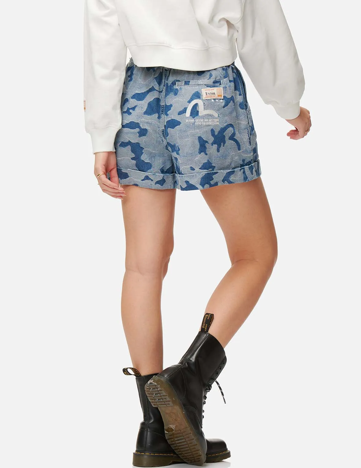 Allover Camouflage Jacquard Paperbag Denim Shorts