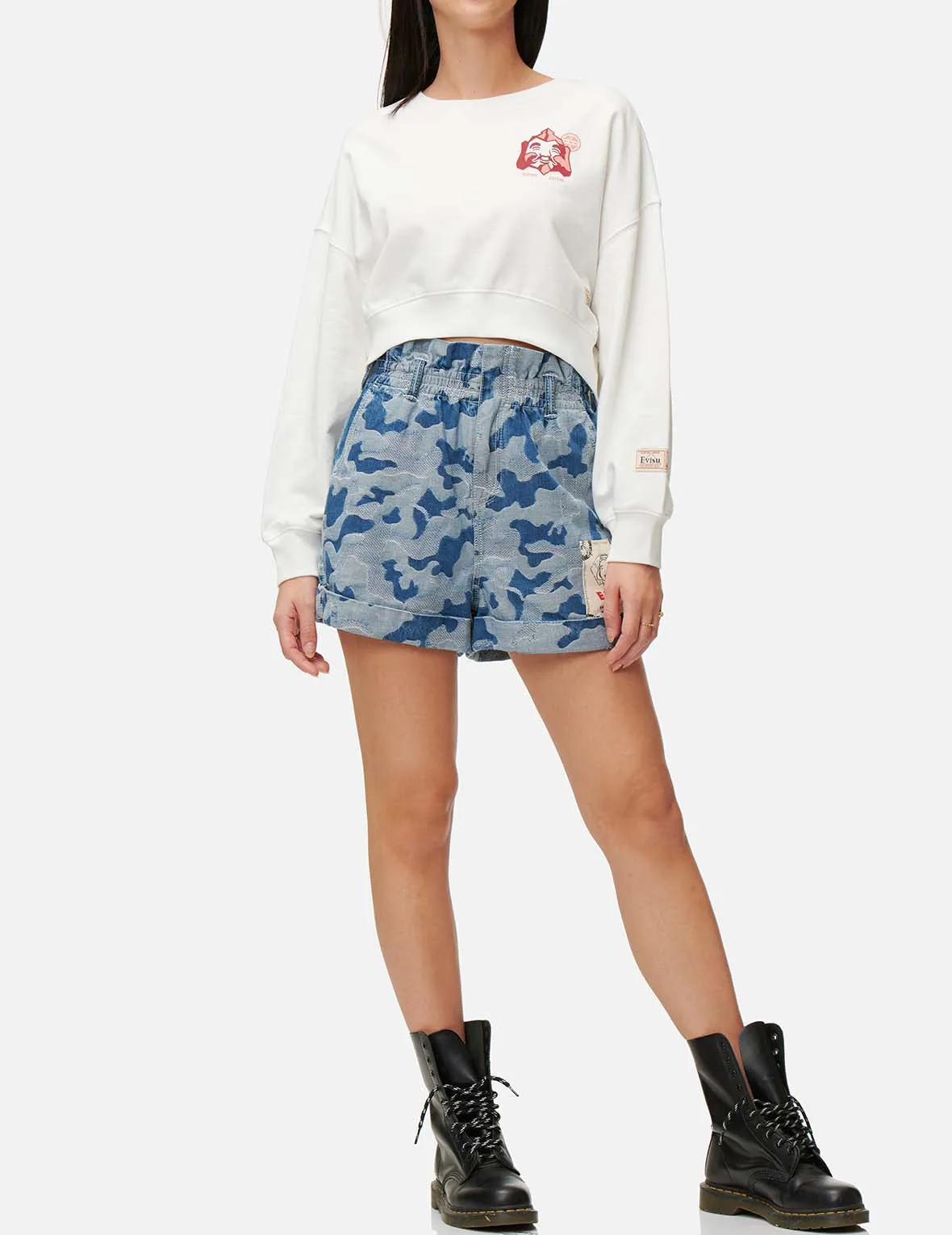 Allover Camouflage Jacquard Paperbag Denim Shorts