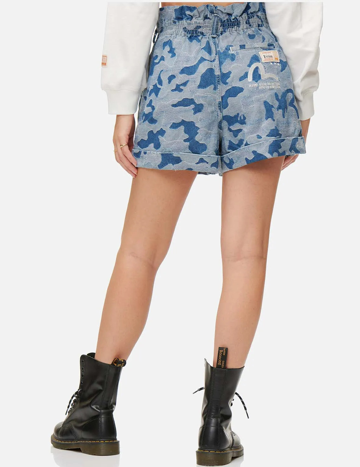 Allover Camouflage Jacquard Paperbag Denim Shorts