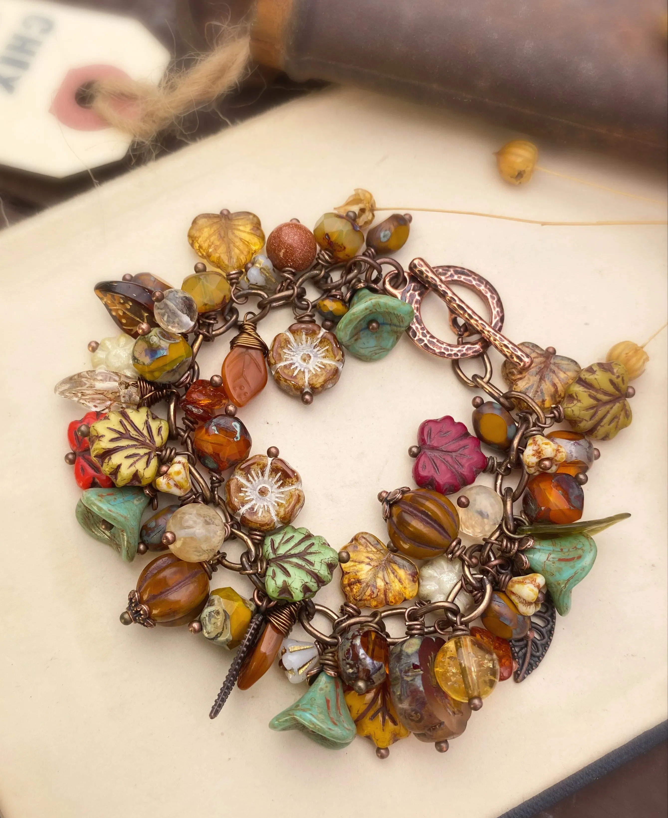 Autumn leaves. Mixed stone, Czech glass, charm bracelet, KIT