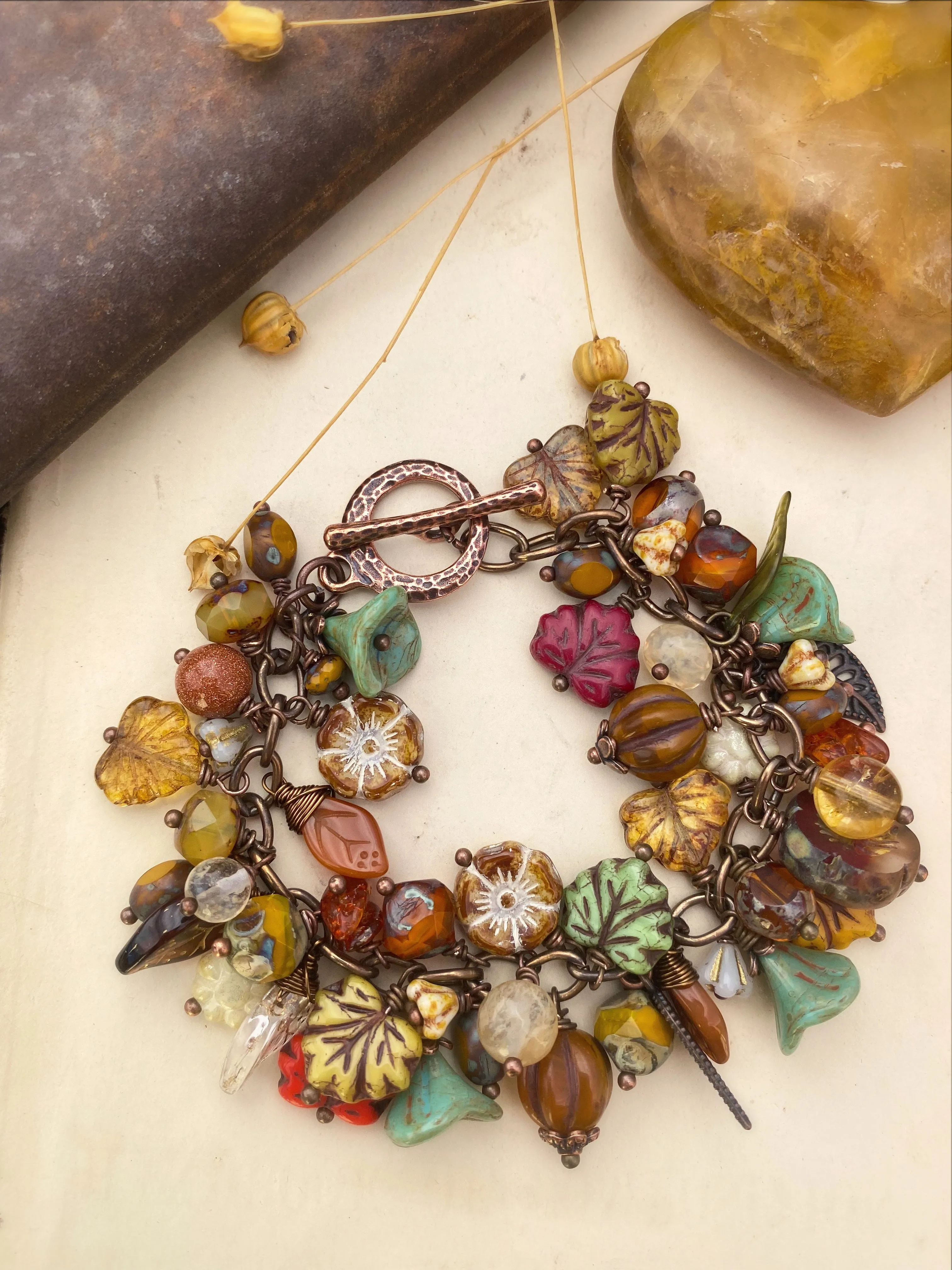 Autumn leaves. Mixed stone, Czech glass, charm bracelet, KIT