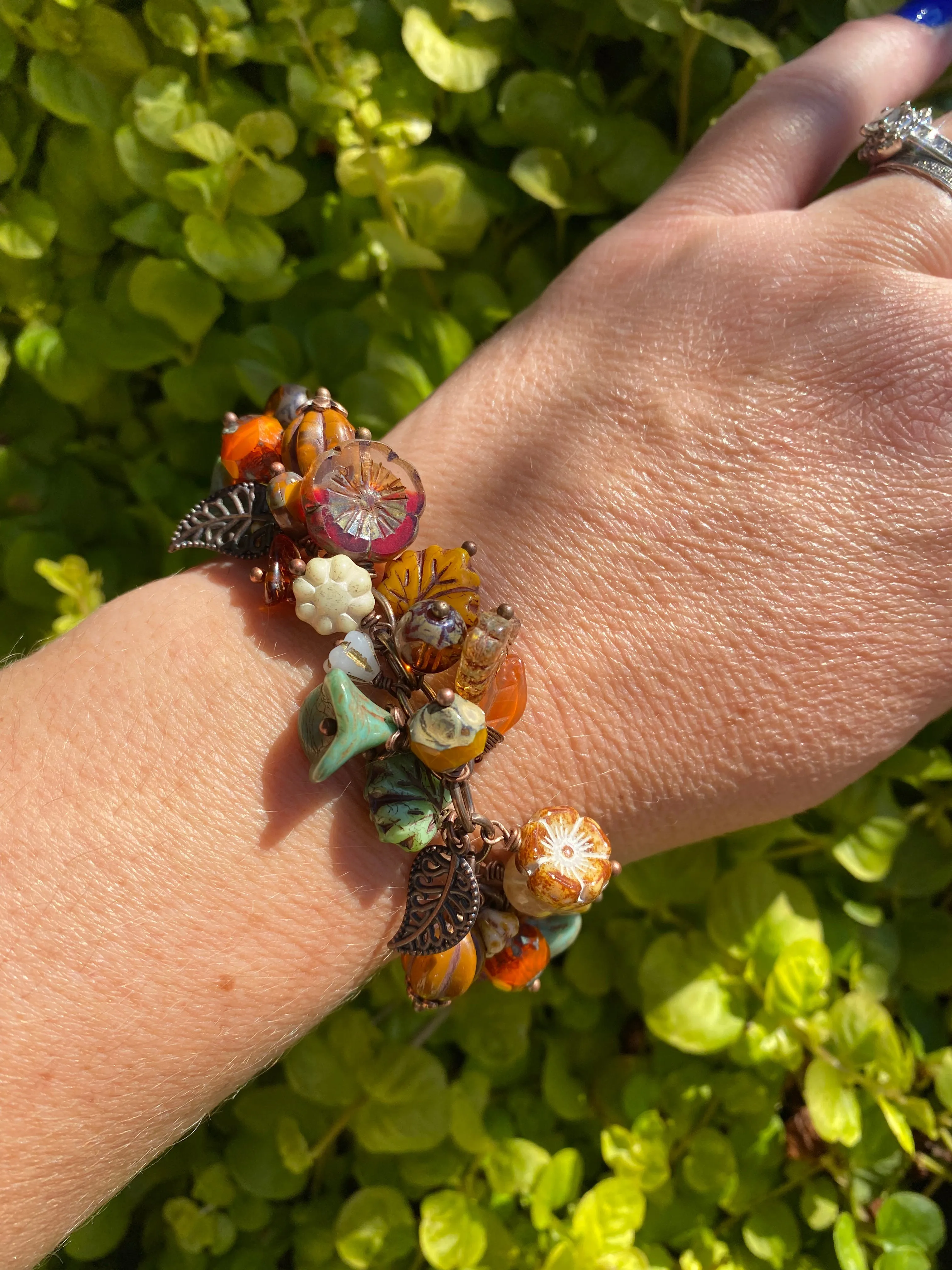 Autumn leaves. Mixed stone, Czech glass, charm bracelet, KIT