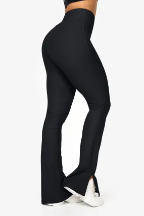 Black Ribbed Split Flared Leggings