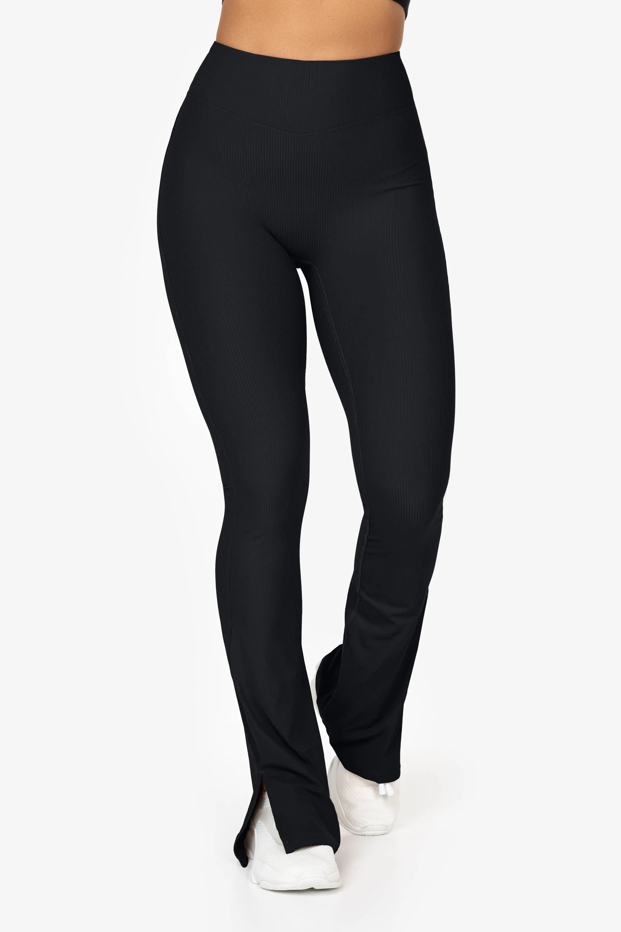 Black Ribbed Split Flared Leggings