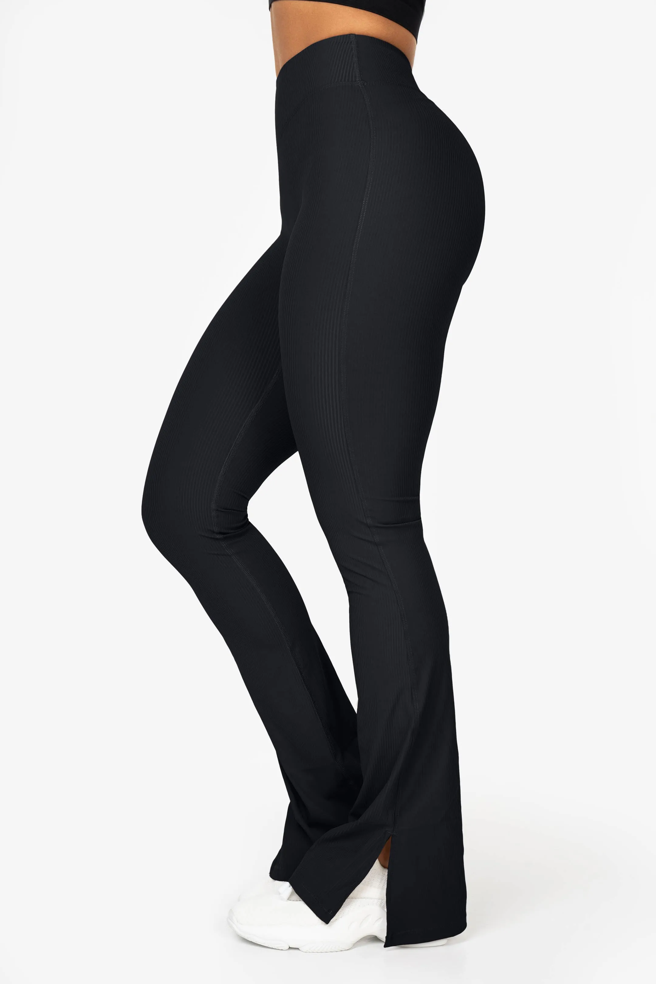 Black Ribbed Split Flared Leggings