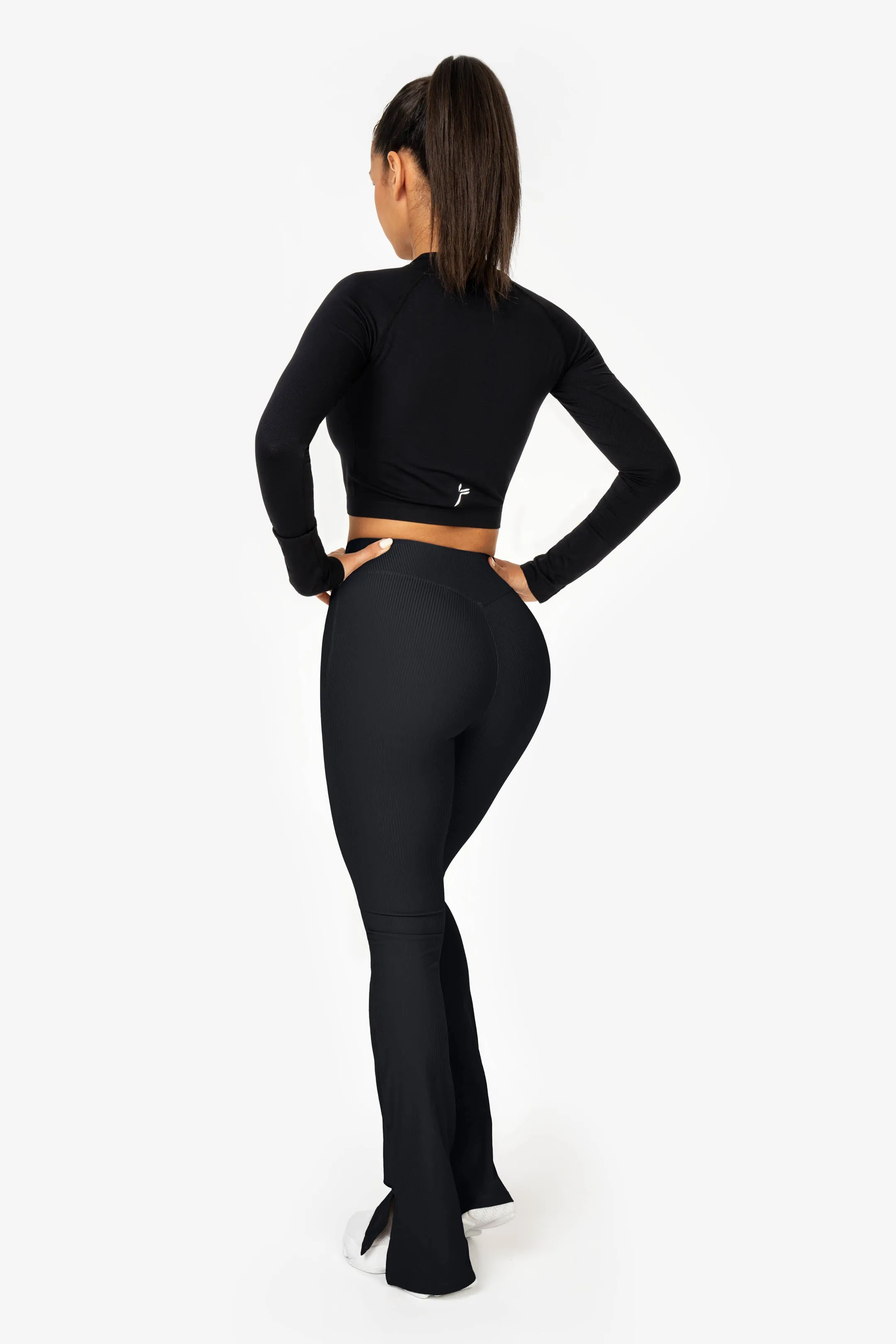 Black Ribbed Split Flared Leggings