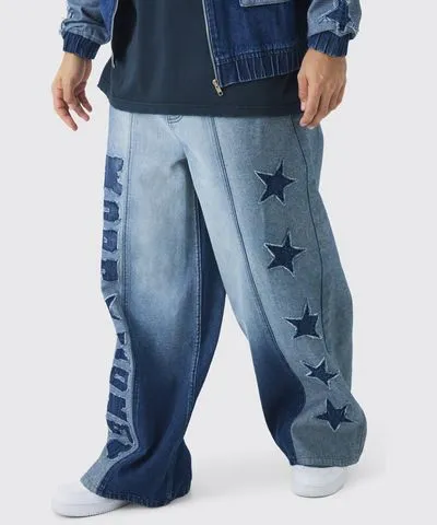 boohooMAN Mens Extreme Baggy Rigid Star Applique Denim Jeans