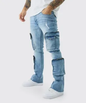 boohooMAN Mens Raw Seam Stretch Skinny Ripped Cargo Flared Jeans