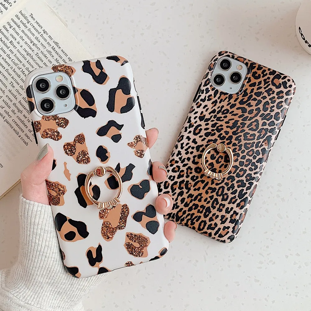 Cute Leopard Matte Case with Gold Holder