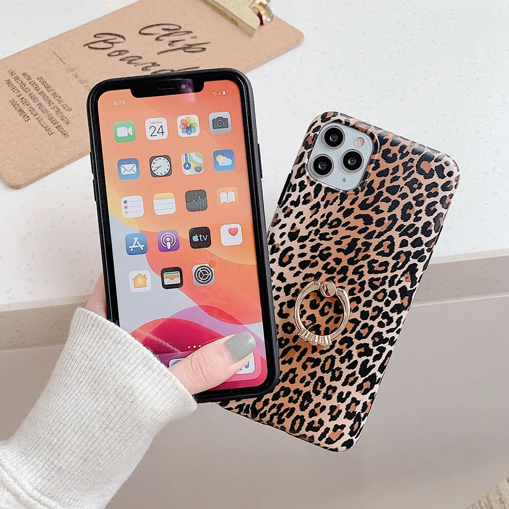 Cute Leopard Matte Case with Gold Holder