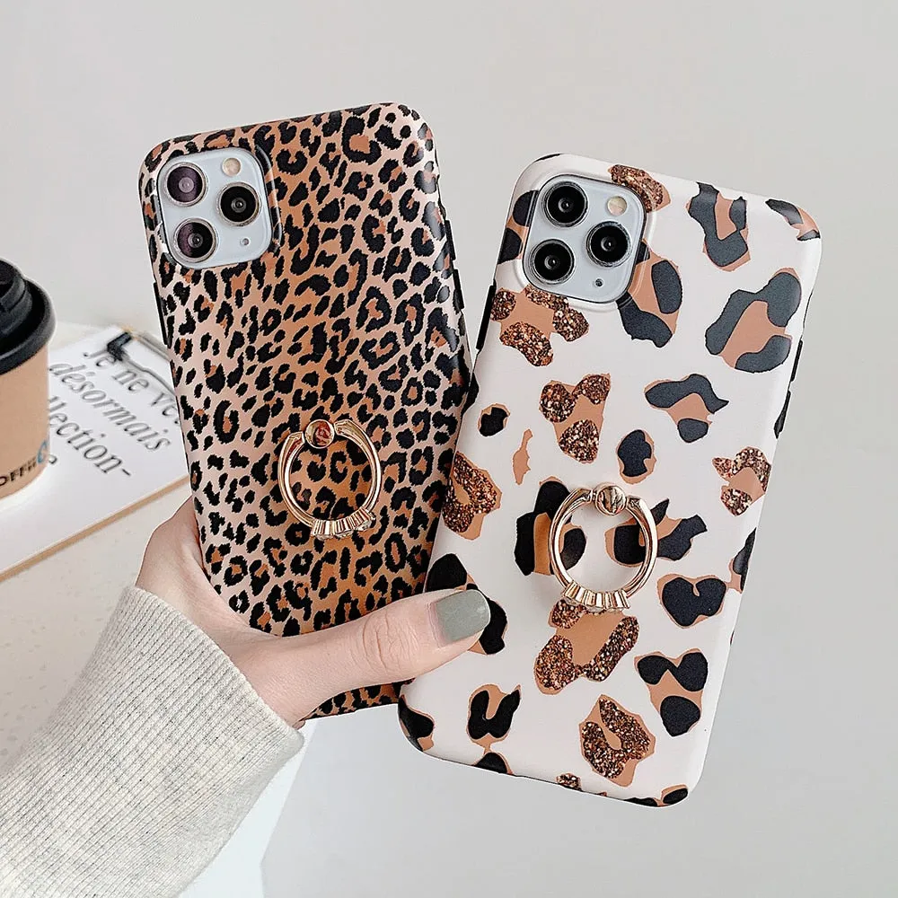 Cute Leopard Matte Case with Gold Holder