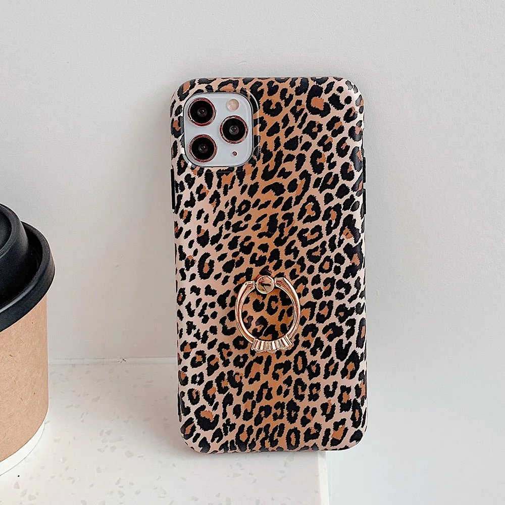 Cute Leopard Matte Case with Gold Holder