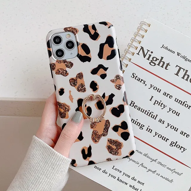 Cute Leopard Matte Case with Gold Holder