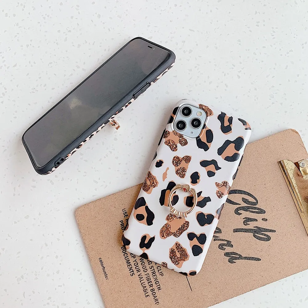 Cute Leopard Matte Case with Gold Holder