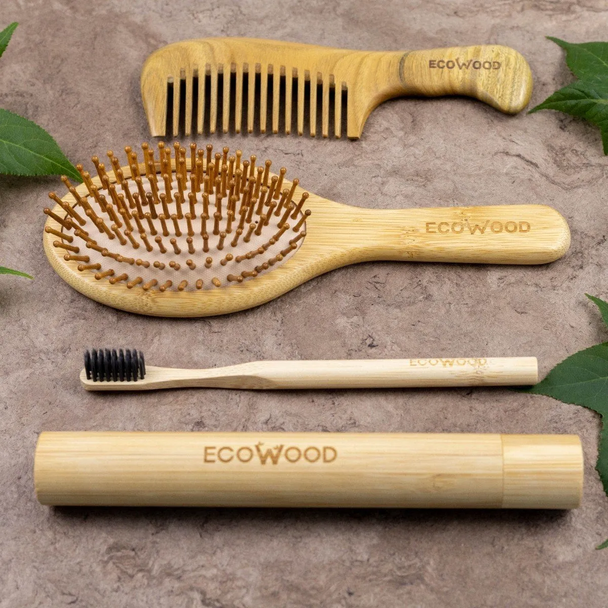 Ecowood Kit Con Peine, Cepillo Cabello Redondo Y Cepillo Dientes