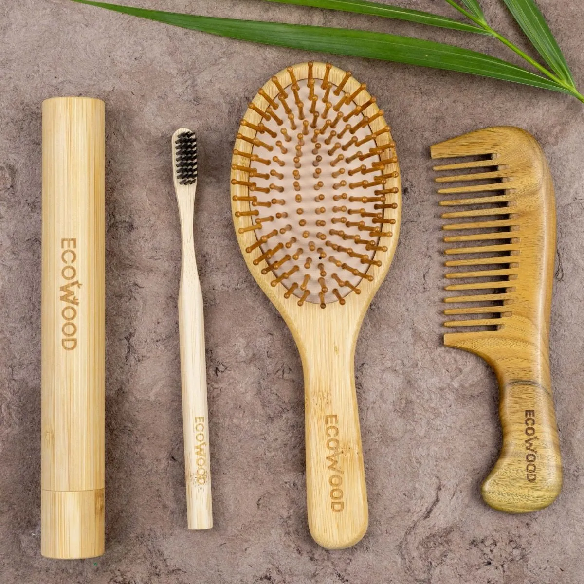 Ecowood Kit Con Peine, Cepillo Cabello Redondo Y Cepillo Dientes