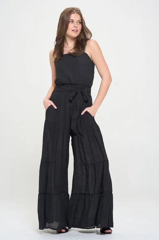 ELASTIC STRAP TIERED JUMPSUIT