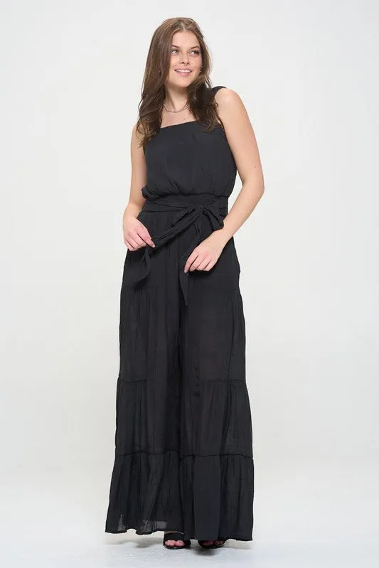 ELASTIC STRAP TIERED JUMPSUIT