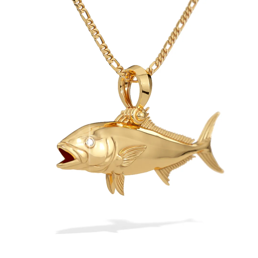 Exquisite 3D Amberjack Fish Pendant with Diamond Eyes | 14k Gold