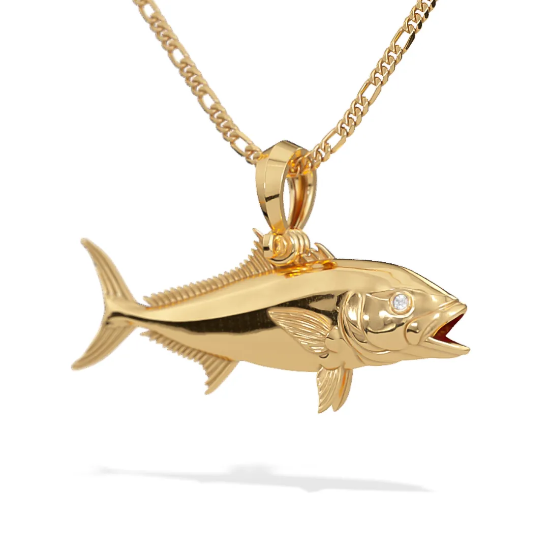 Exquisite 3D Amberjack Fish Pendant with Diamond Eyes | 14k Gold