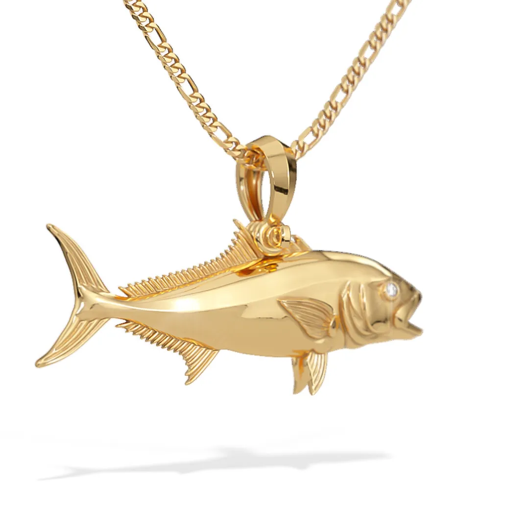 Exquisite 3D Amberjack Fish Pendant with Diamond Eyes | 14k Gold