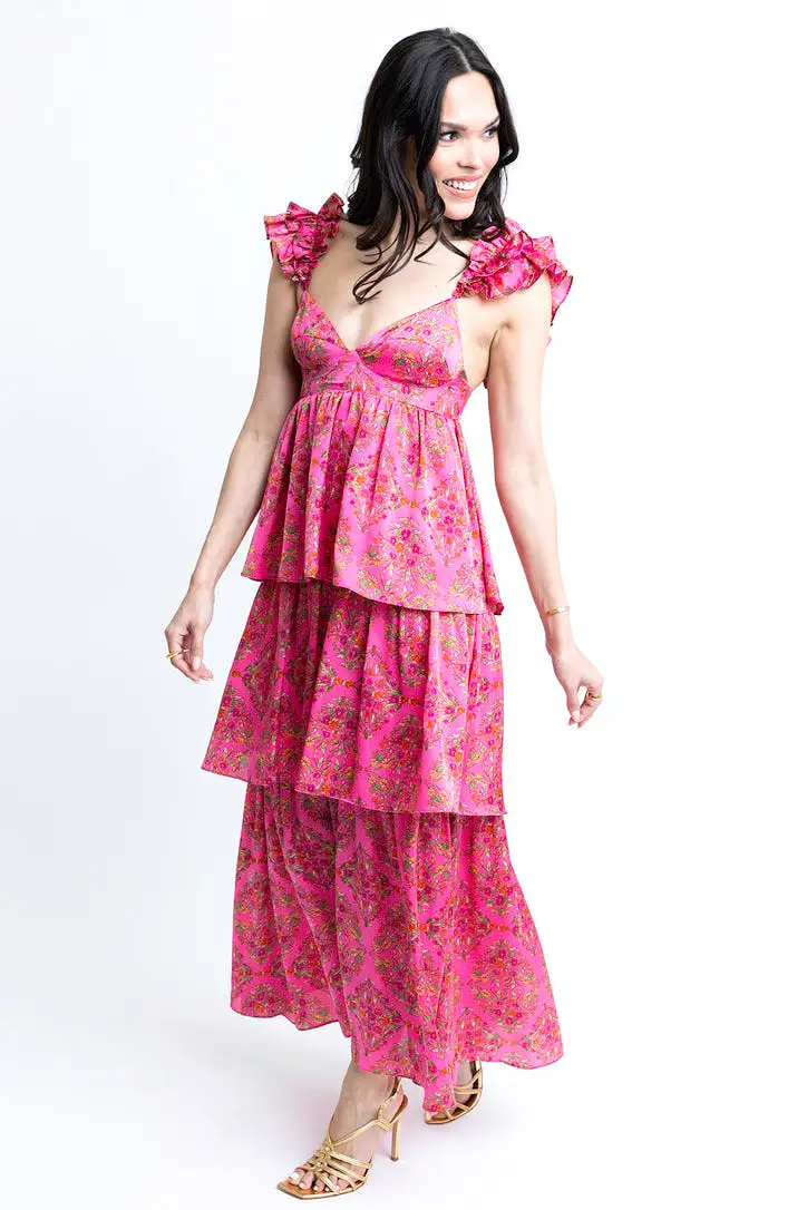 Floral Satin Ruffle Maxi Dress