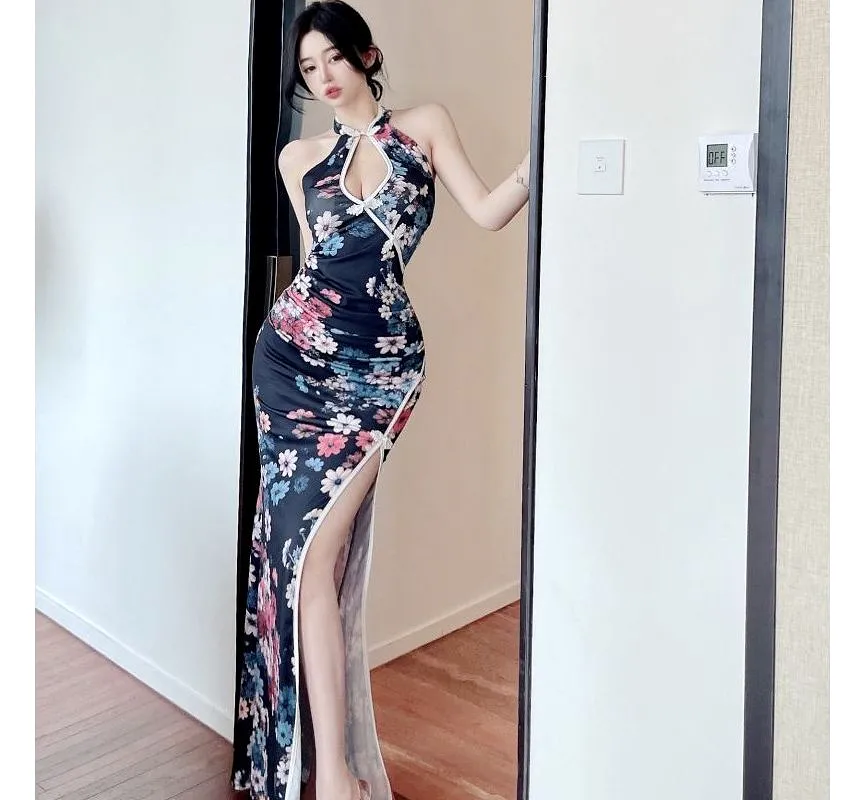 Halter Neck Keyhole Floral Print Slit Maxi Bodycon Dress aa32