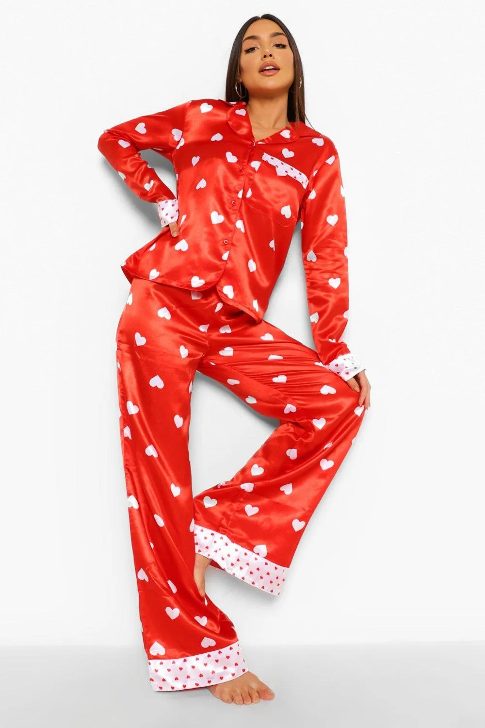 Heart Contrast Satin Pajamas