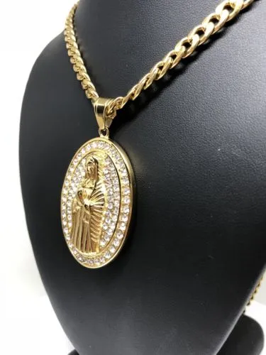 Hip Hop Gold Plated Iced Out Guadalupe Virgin Mary Pendant 30 Cuban Link Chain