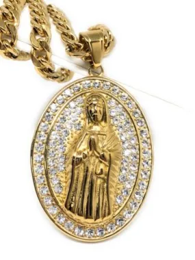 Hip Hop Gold Plated Iced Out Guadalupe Virgin Mary Pendant 30 Cuban Link Chain