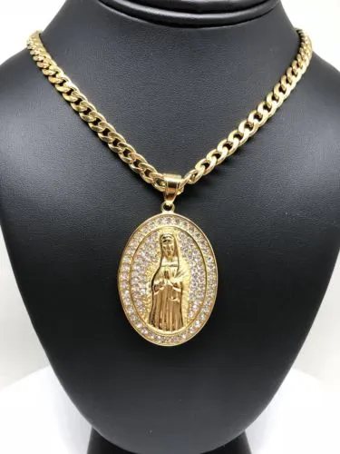 Hip Hop Gold Plated Iced Out Guadalupe Virgin Mary Pendant 30 Cuban Link Chain