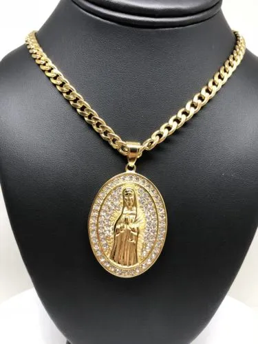 Hip Hop Gold Plated Iced Out Guadalupe Virgin Mary Pendant 30 Cuban Link Chain