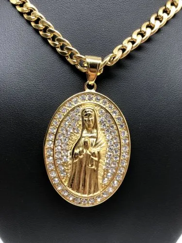 Hip Hop Gold Plated Iced Out Guadalupe Virgin Mary Pendant 30 Cuban Link Chain