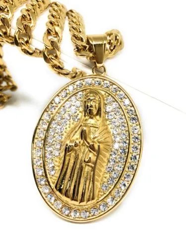 Hip Hop Gold Plated Iced Out Guadalupe Virgin Mary Pendant 30 Cuban Link Chain