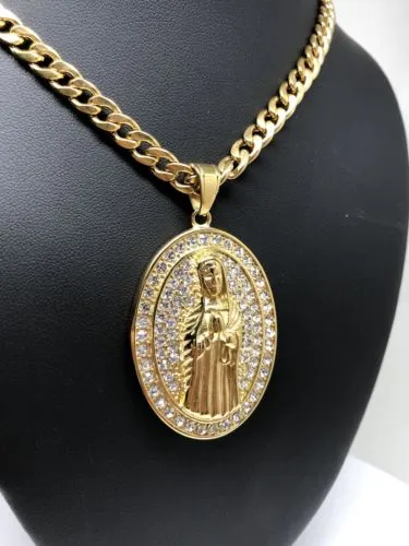 Hip Hop Gold Plated Iced Out Guadalupe Virgin Mary Pendant 30 Cuban Link Chain