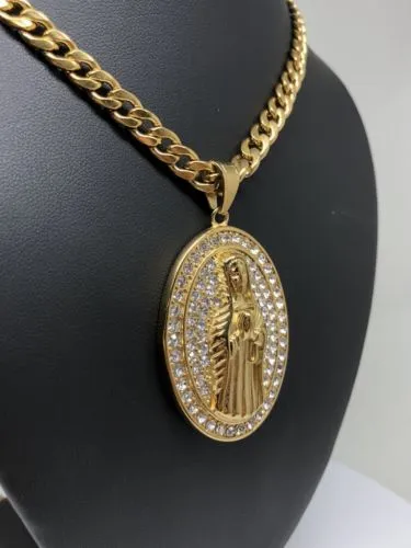 Hip Hop Gold Plated Iced Out Guadalupe Virgin Mary Pendant 30 Cuban Link Chain