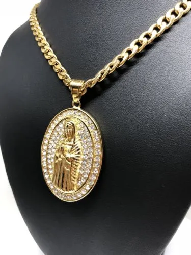 Hip Hop Gold Plated Iced Out Guadalupe Virgin Mary Pendant 30 Cuban Link Chain