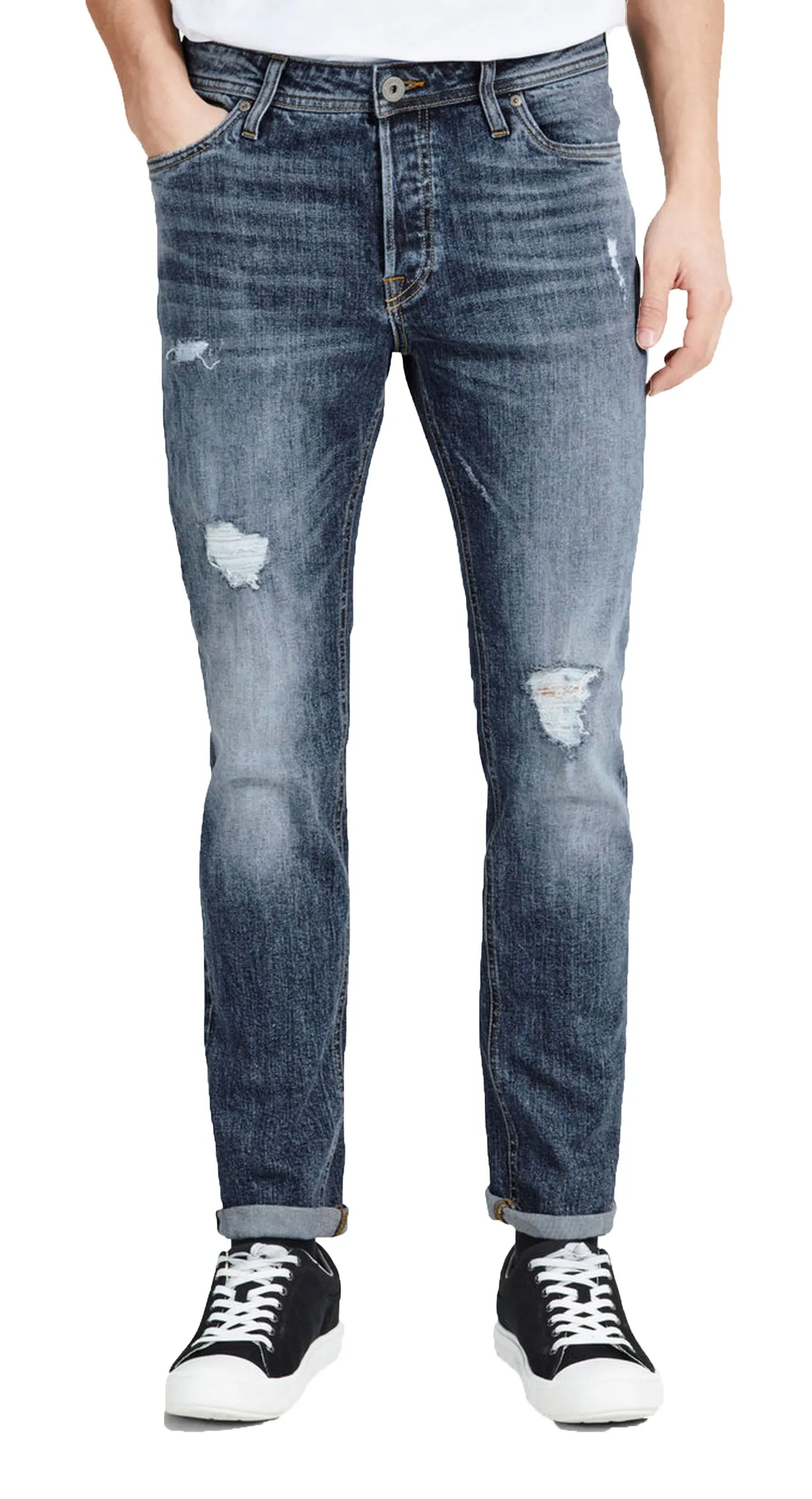 Jack & Jones Tim Slim Fit Jeans Ripped Faded Blue Denim