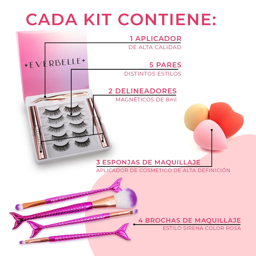 KIT MAKE UP GLAM CON 5 PARES DE PESTAÑAS MAGNÉTICAS, ESPONJAS Y BROCHAS