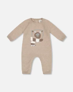 Knitted Bear Jacquard Jumpsuit Sand