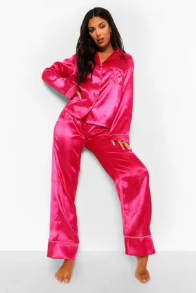 Love Embroidered Satin Pajamas