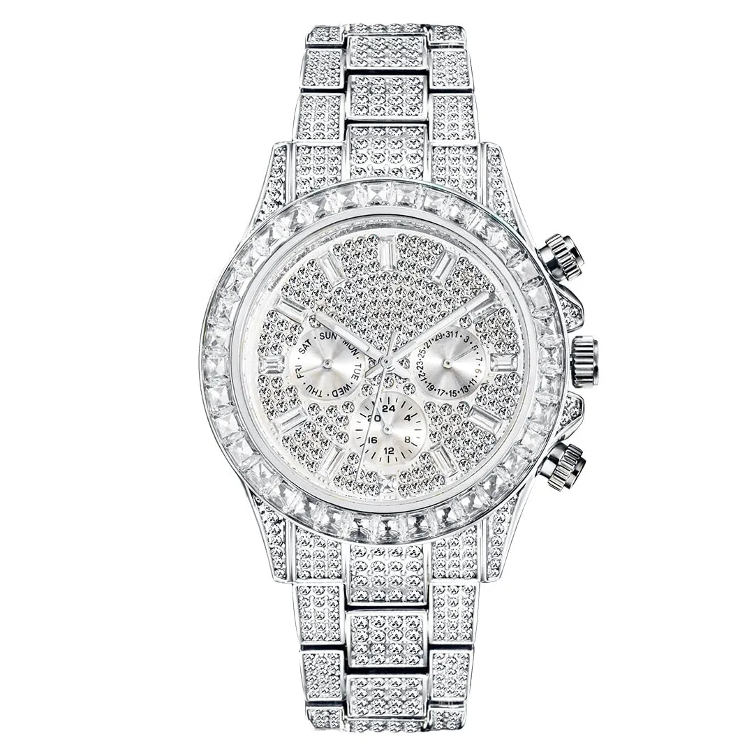 Men's Full Diamond Iced Out Waterproof Stainless Steel Quartz Wristwatch