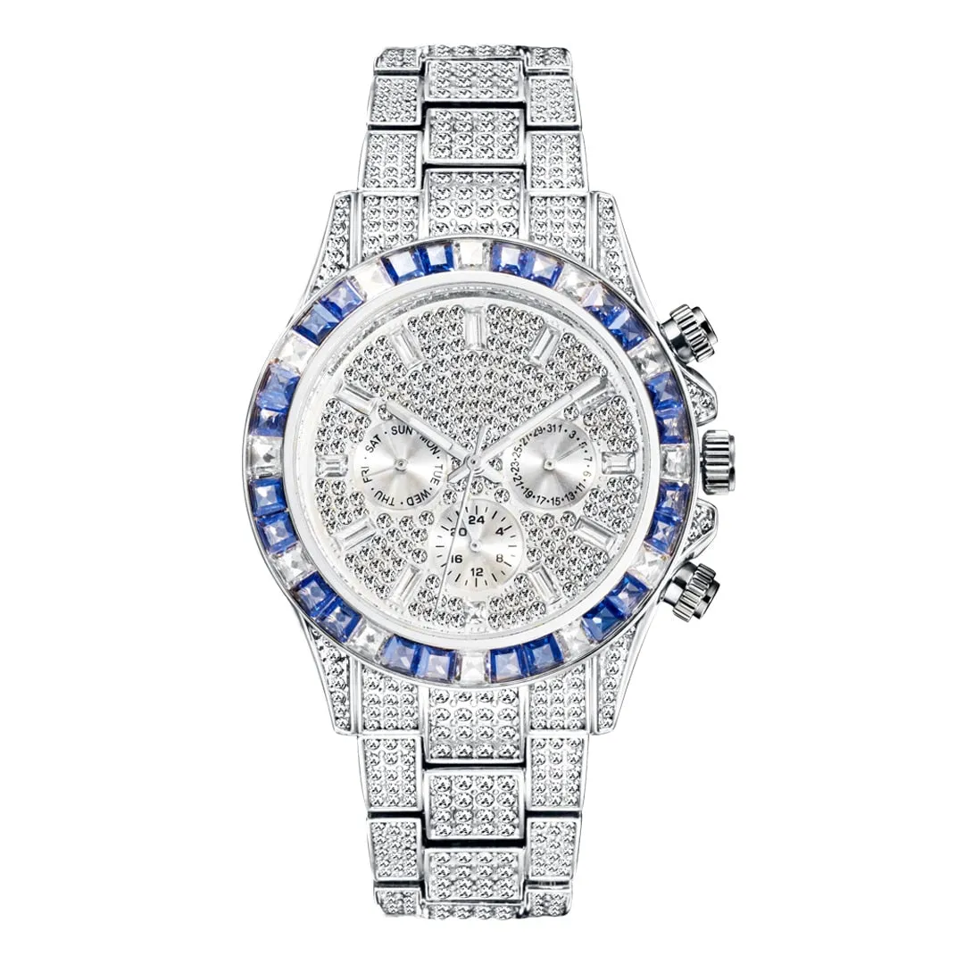 Men's Full Diamond Iced Out Waterproof Stainless Steel Quartz Wristwatch