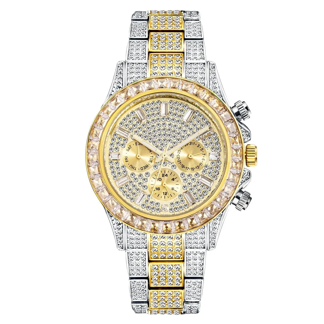 Men's Full Diamond Iced Out Waterproof Stainless Steel Quartz Wristwatch