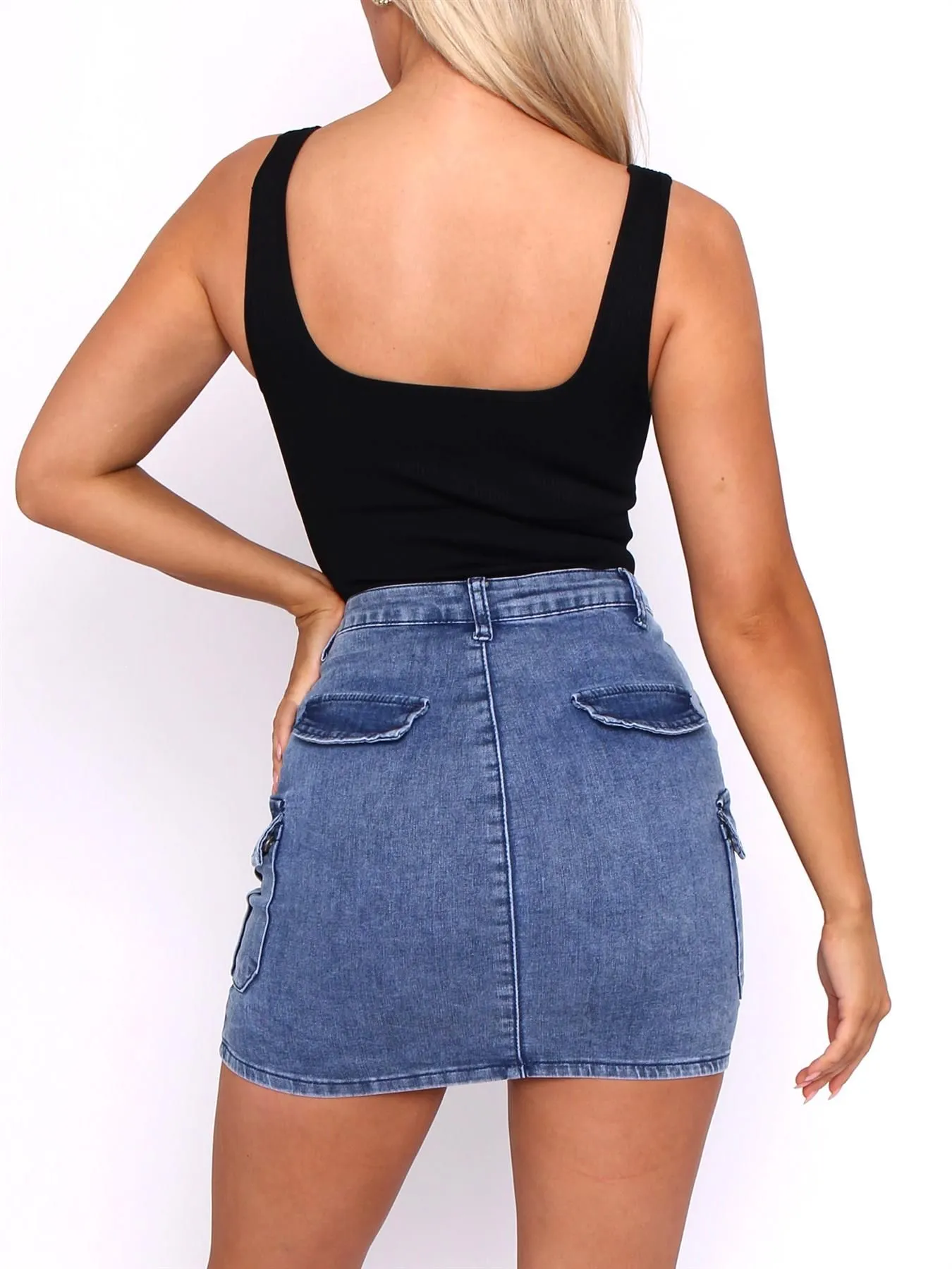 Mid Blue Cargo Denim Mini Skirt, UK Sizes 6 to 14