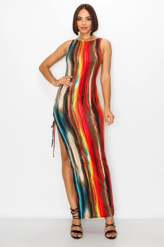 Painted Print Sleeveless Bodycon Maxi Dress with Side Slit